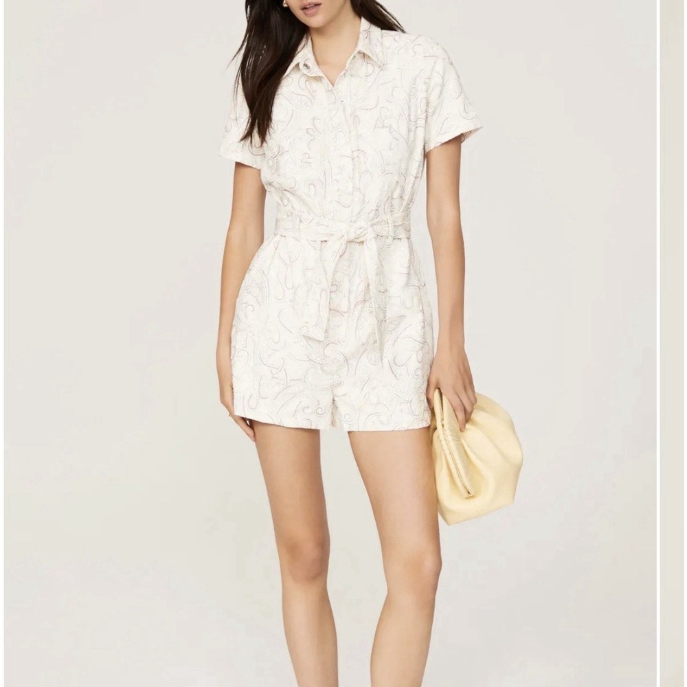 Shoshanna $398 Ginger Romper Embroidered Belt Spring Summer Denim Paisley Boteh
